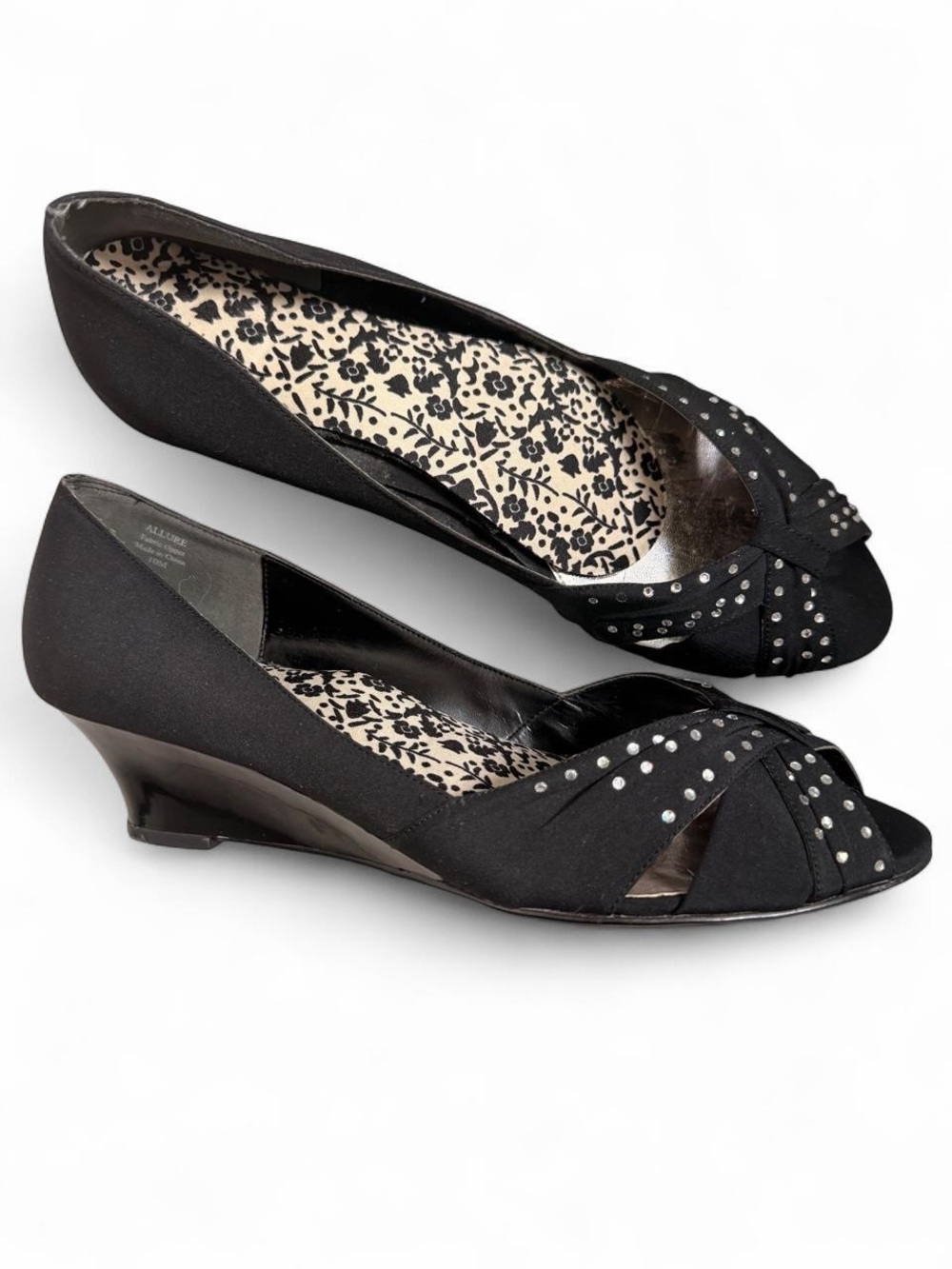 Allure Black Peep-Toe Low Wedge Heels with Stud Accents
